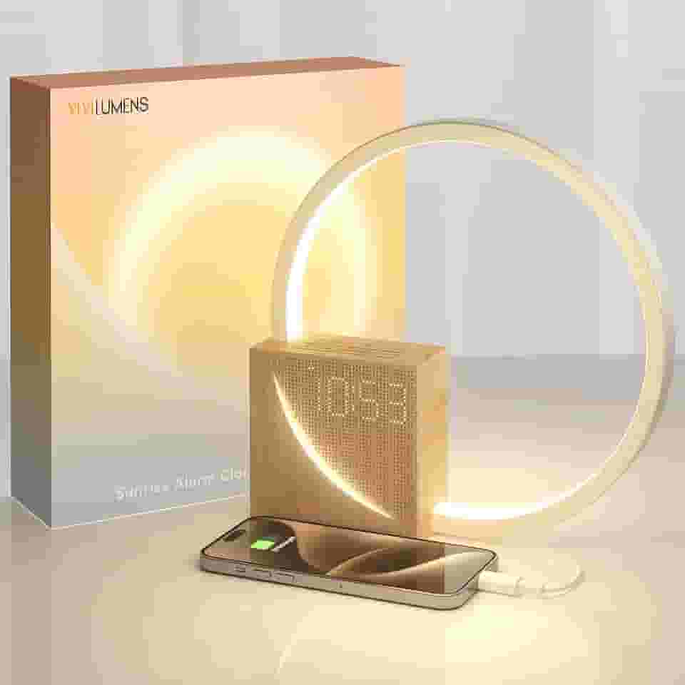 Vivilumens Despertador Sunrise para adultos com sono pesado, luz de despertar, auxílio de sono, 10 máquinas de som de ruído branco com temporizador 30/60/90, luminária de mesa sensível ao toque de 3