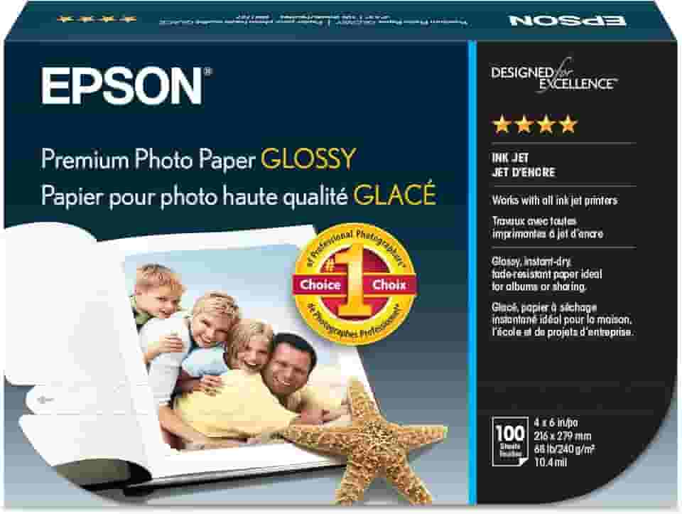 Epson Papel fotográfico premium S041727, 30 kg, alto brilho, 10 x 15 (pacote com 100 folhas), branco