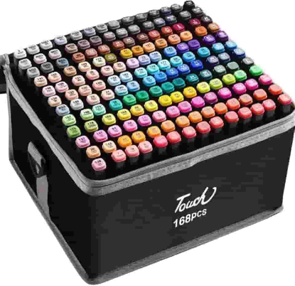 Conjunto de Canetas Marcador Permanente Canetinhas para Colorir Touch com Ponta Dupla para Desenhos Profissional e Escolar com Duas Pontas Hidrográficas com Estojo para Transporte Brashopmall® (168)