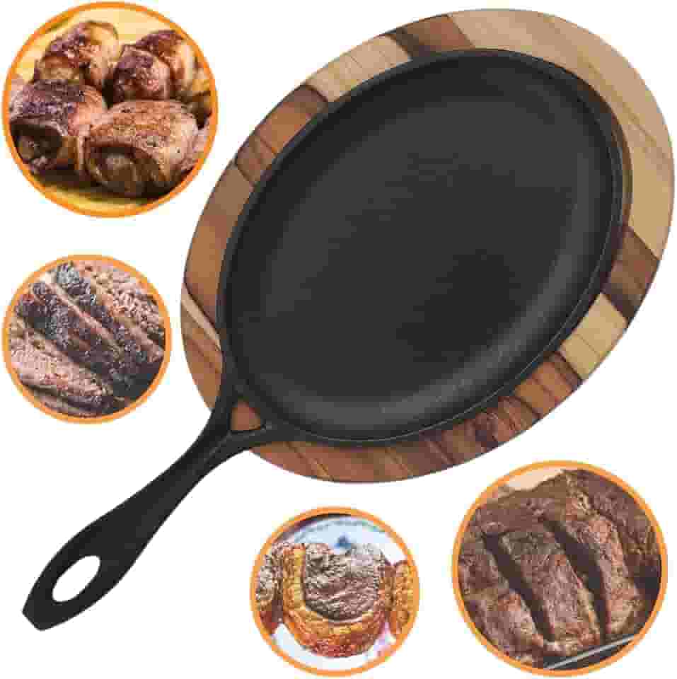 Frigideira De Ferro Fundido Cabo De Ferro De 25 Cm Assadeira com Base em Madeira TECA