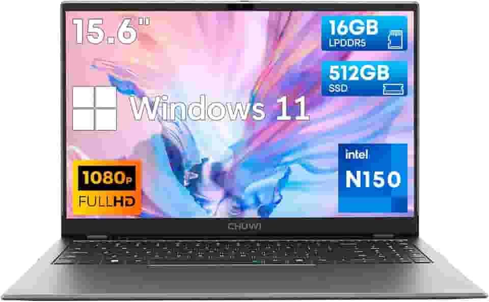 CHUWI Notebook GemiBook Plus de 15,6 polegadas, Intel N150 (Beats N100/N97/N95), 16 GB LPDDR5 512 GB SSD, laptops Windows 11 para estudantes de negócios, 2K IPS FHD, 4K HDMI, WiFi 6, BT5.2