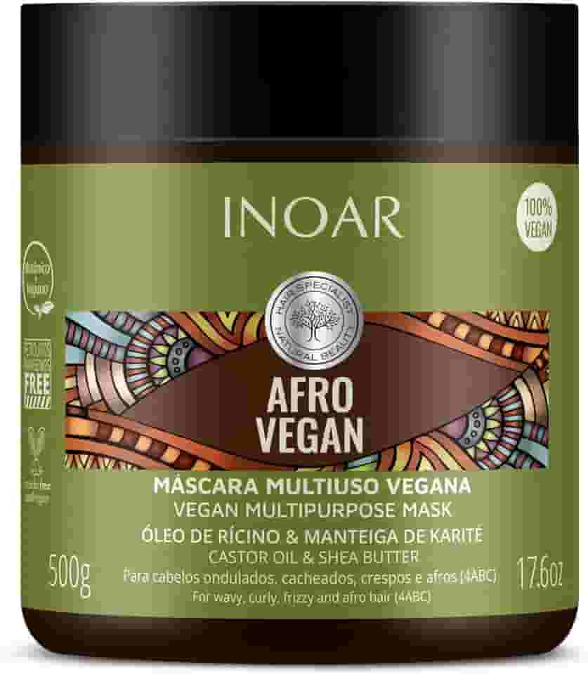 Inoar, Máscara Capilar Afro Vegan – Nutrição, Brilho e Crescimento com Óleo de Rícino, Manteiga de Karité e Vitamina E - 500g