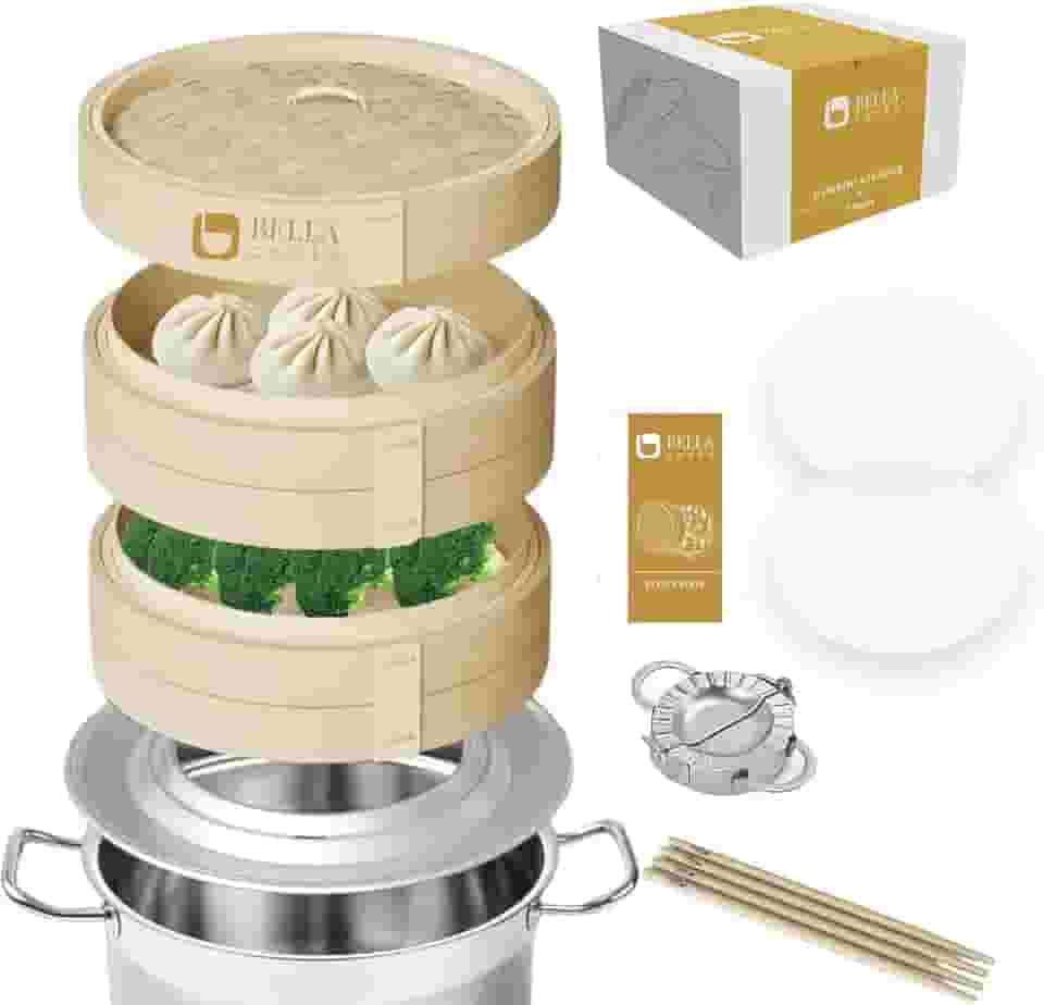 vaporizador de bambu para cozinhar - cesto para vaporizador com anel - cabe em qualquer panela e panela - vaporizador para bolinhos - incl. pauzinhos extras e forros de silicone