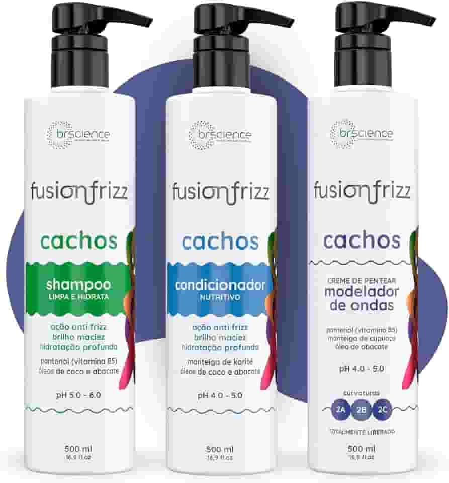 Kit Shampoo, Condicionador e Creme de Pentear Modelador de Ondas Brscience FusionFrizz Cachos – Limpeza, Hidratação e Definição Suave para Cabelos Ondulados 2A, 2B e 2C – 3x500ml