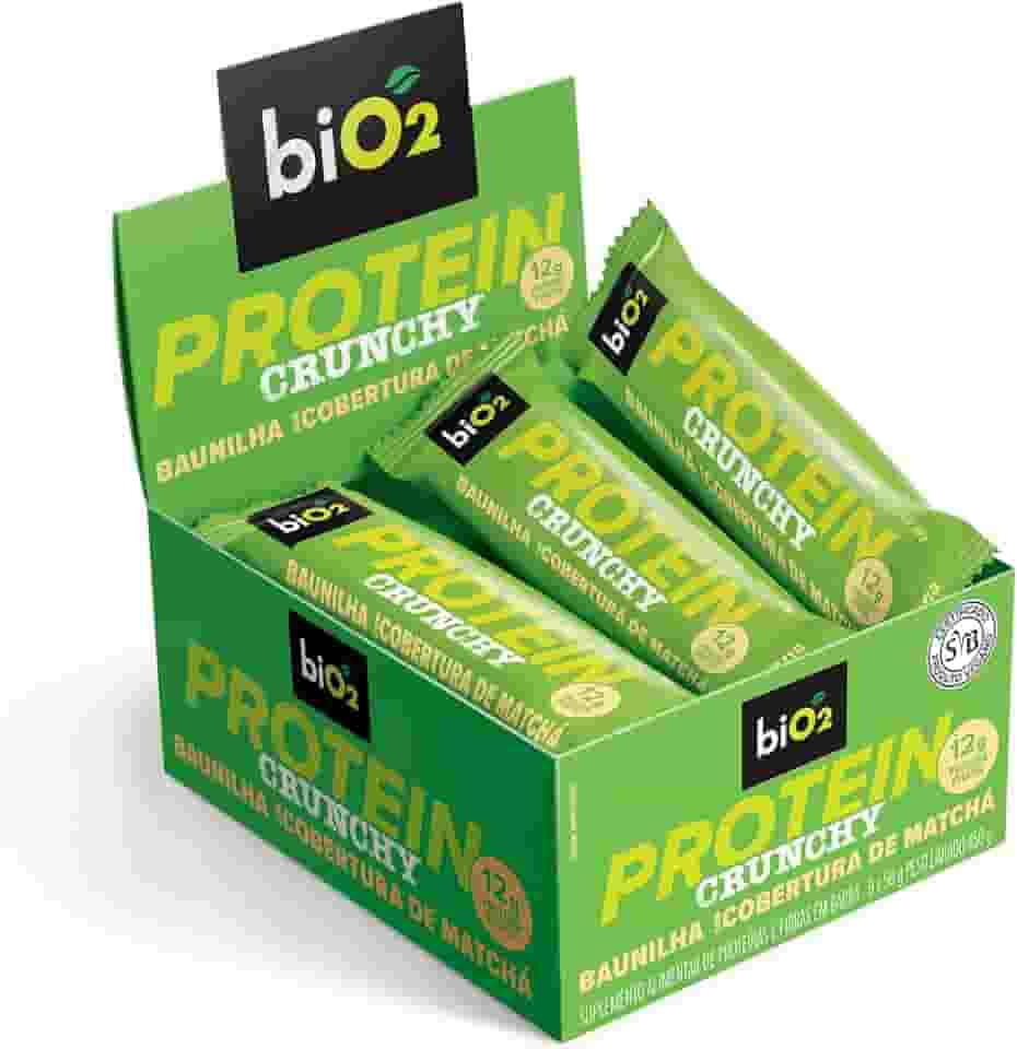 Barra de Proteína Crocante biO2 Protein Crunchy Baunilha com Matchá, Caixa com 9 unidades de 50 g, Vegana e sem Glúten