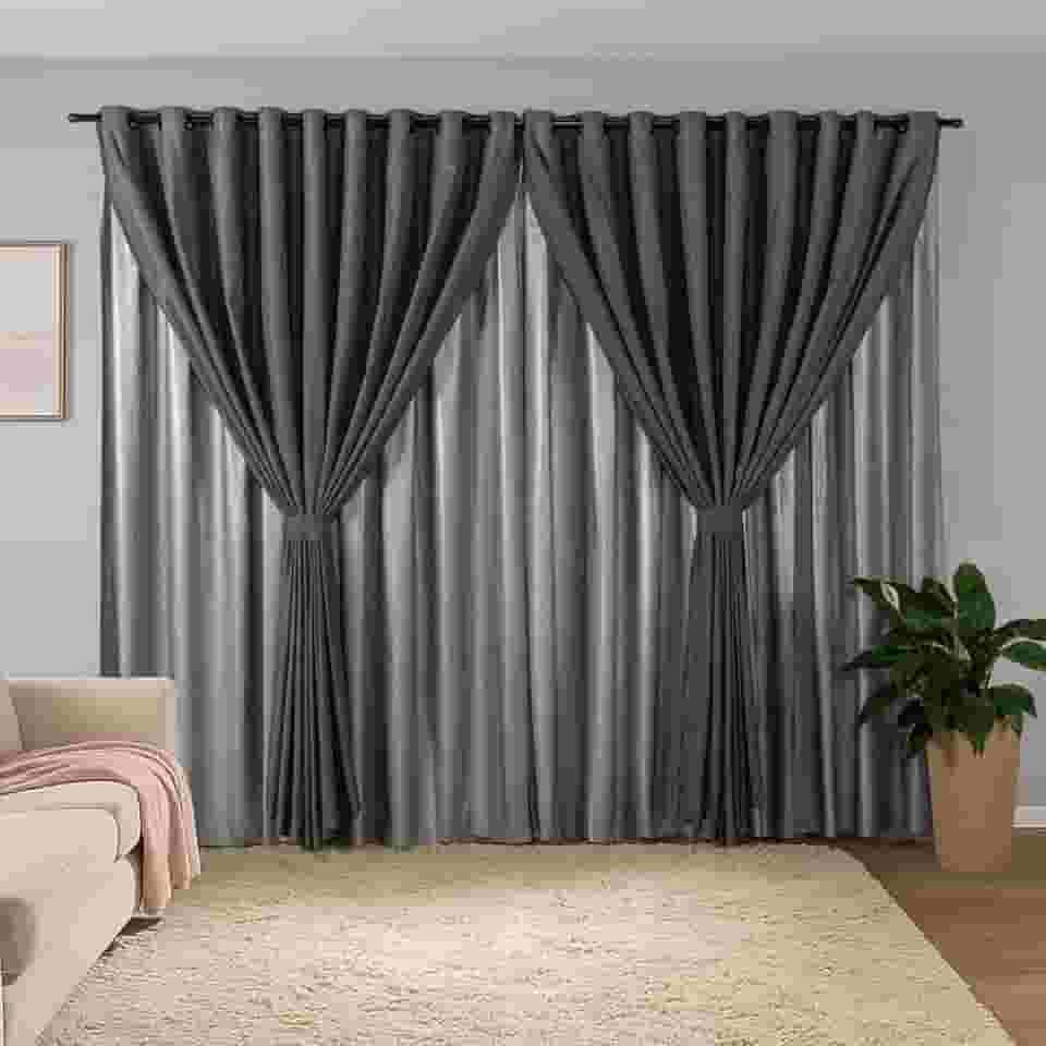 Cortina Sala Quarto Blecaute 2,80m Larg. x 2,50m Alt. Linho Trabalhado, Forro em PVC Blackout 100%, c/Abraçadeiras - Inovi - Cinza/Chumbo