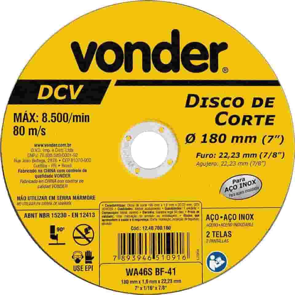 Disco De Corte 180 Mm X 1,6 Mm X 22,23 Mm, Dcv, Vonder.