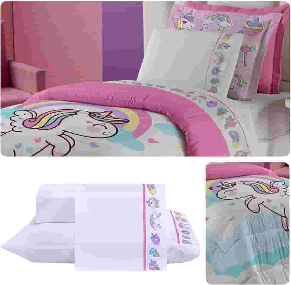 Edredom Solteiro Infantil Dupla Face Percal 300 Fios 03 Peças Infantil Unicórnio