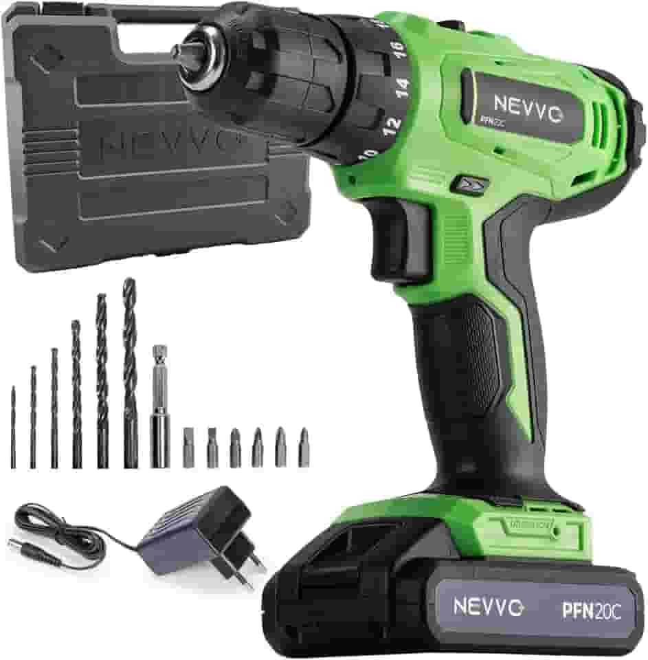 Parafusadeira e Furadeira 20V Potente 1400Rpm 3/8 Engate 10mm Sem Fio Bateria 1300mAh Recarregável Bivolt Torque Variável 18 Níveis 35Nm Com Maleta e Acessórios Profissional PFN20C NEVVO