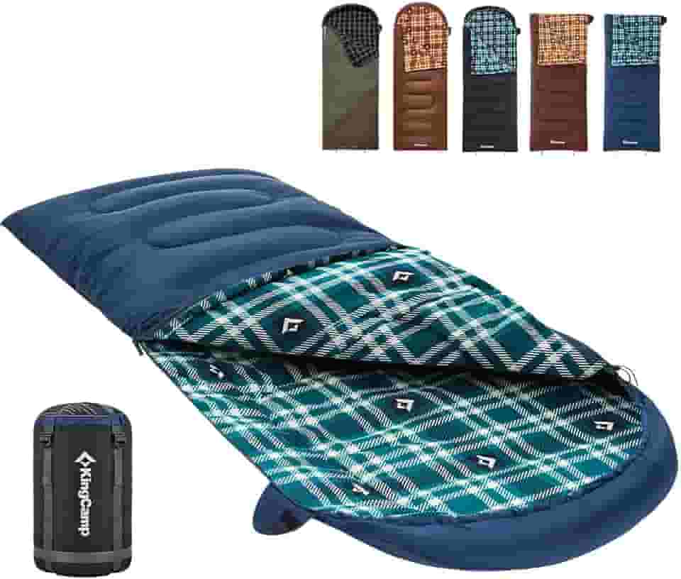 KingCamp Saco de dormir de flanela de algodão, sacos de dormir grandes e altos para adultos clima frio, zíper juntos para saco de dormir 2P para 4 estações, leve, resistente à água para mochila de