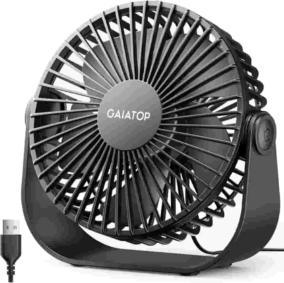 GAIATOP Ventilador de mesa USB, ventilador pequeno portátil de 3 velocidades com fluxo de ar forte, ventilador de mesa silencioso de 5,5 polegadas, ventilador de resfriamento pessoal de rotação de 90°