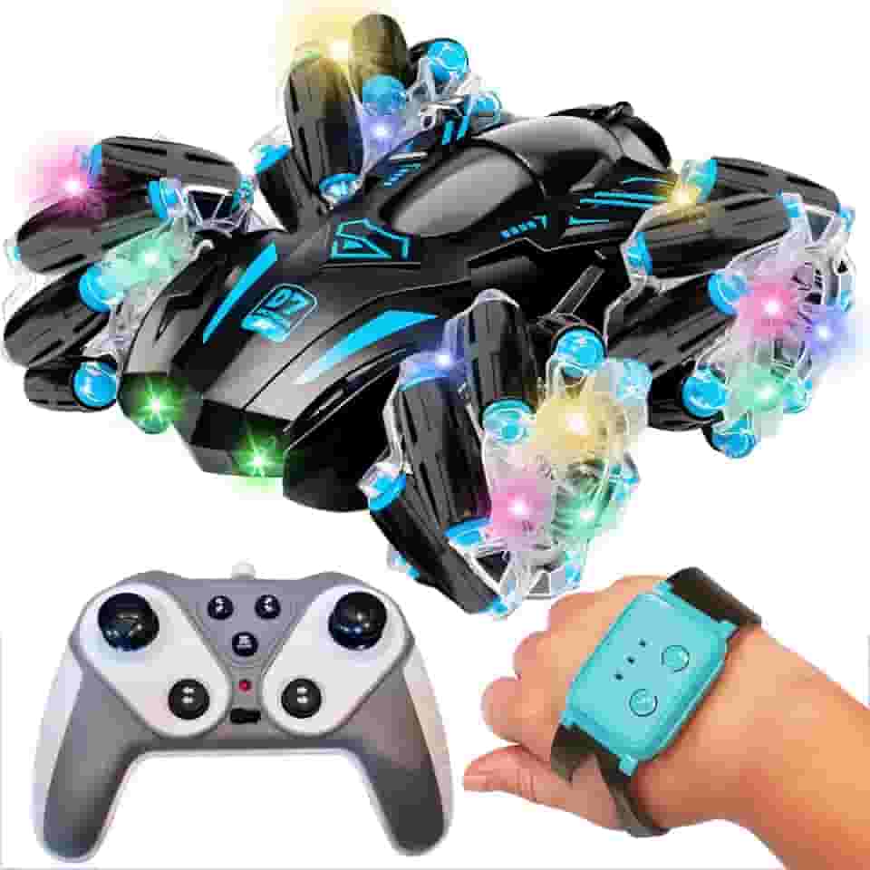 Carro Controle Remoto 2.4G 4WD Stunt Wheels – Drift, Rotação 360°, Controle por Gestos e Manete, Luzes LED, Música, Escalada Off-Road – Brinquedo Infantil Recarregável (Preto/Verde)