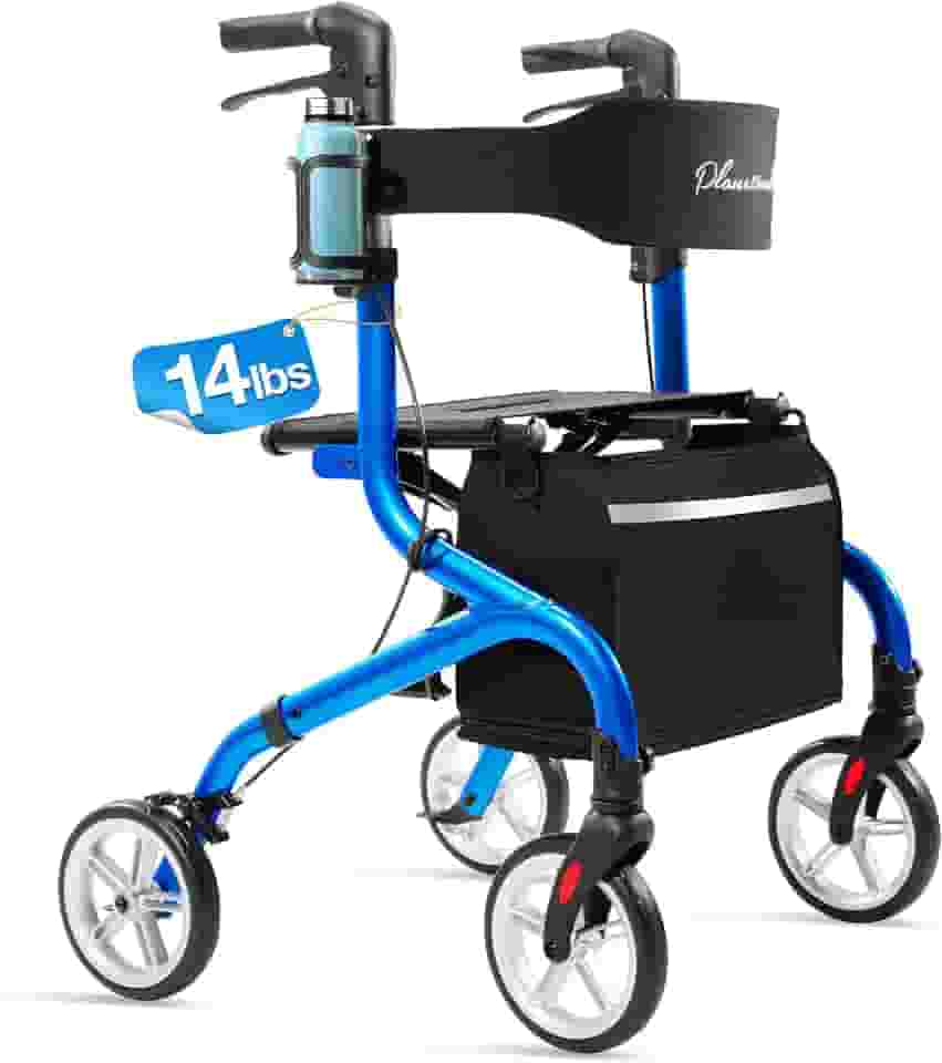 Andador Rollator Superleve Para Idosos, Andador Dobrável Com Assento E Rodas De Borracha De 8' Para Todos Os Terrenos, Botão De Ajuste De Altura Aprimorado Com Porta-Copos, Azul