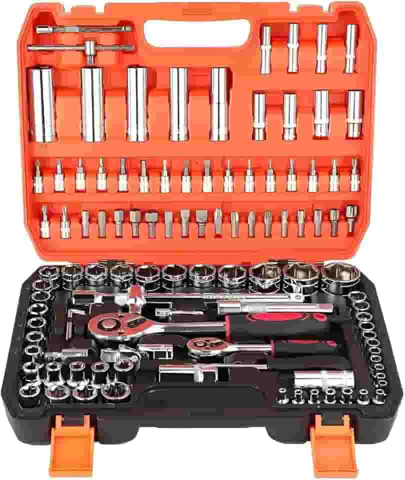 Kit Jogo de Soquetes com Chave Catraca, 108 Peças, Encaixe de 1/4" Soquetes Métricos, Allen e Torx, Barra Extensora em Aço Cromo Vanádio, caixa de ferramentas completa, kit de ferramentas completa