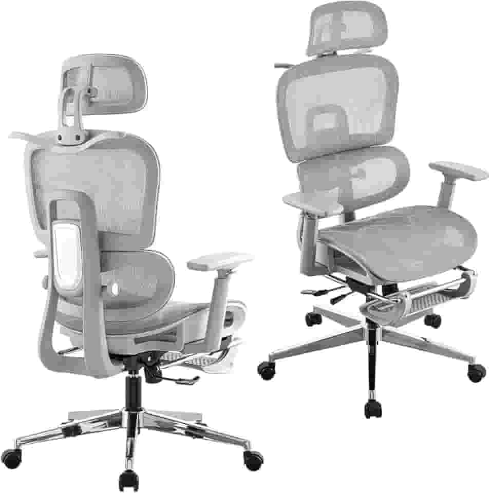 Cadeira de Escritório, Design Ergonômico com Suporte Lombar Independente, Malha Respirável, Encosto de Cabeça Ajustável e Encosto do Assento com Altura Regulável (Cinza)