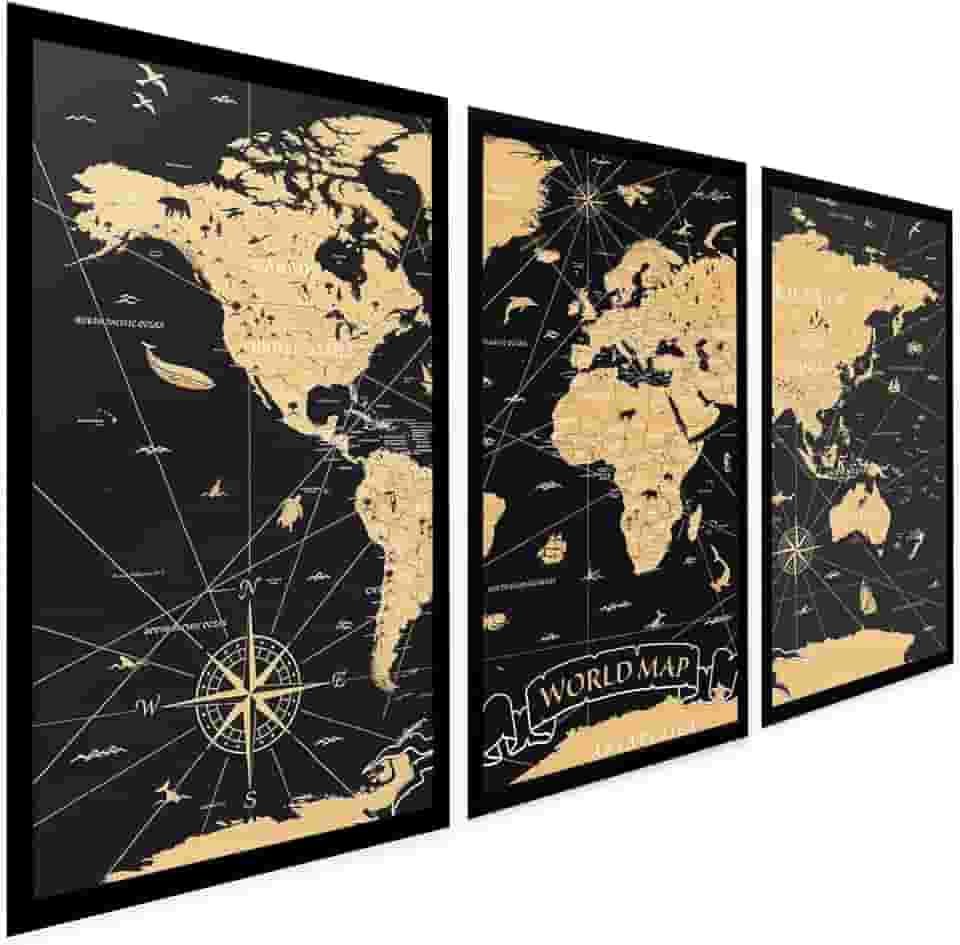 Quadros Decorativos Sala Mapa Mundi Retro Antigo Vintage 3 Peças com Moldura