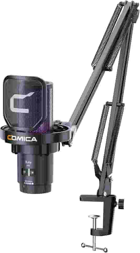 Microfone Condensador USB COMICA EJoy Uni com Braço RGB para PC, PS4, PS5, Mac e Celular USB-C – Ideal para Podcast, Streaming, YouTube – Com Cancelamento de Ruído, Mudo e Monitoramento