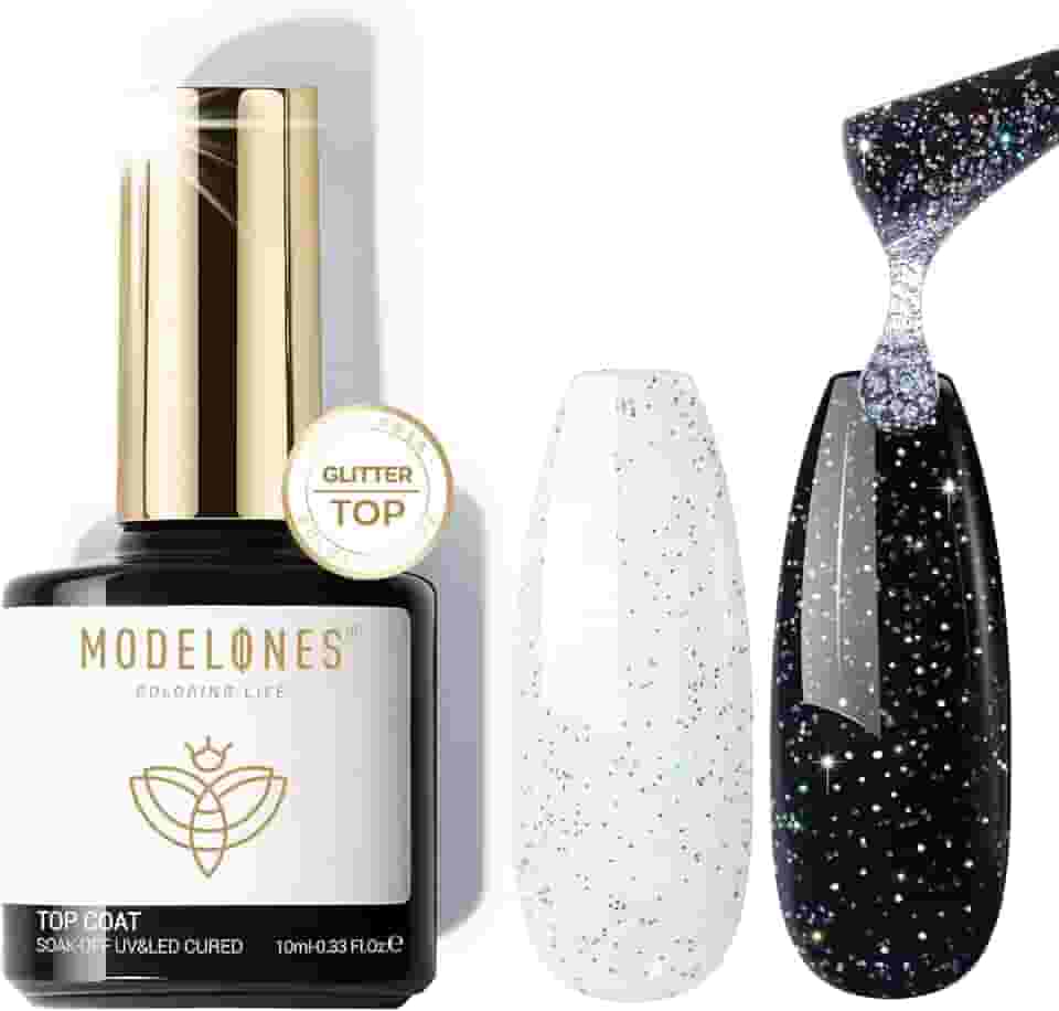 modelones Top coat de gel com glitter, mistura de prata iridescente, esmalte de gel com glitter, acabamento brilhante de longa duração, esmalte de arco-íris brilhante, presente de arte de unha, 10 ml