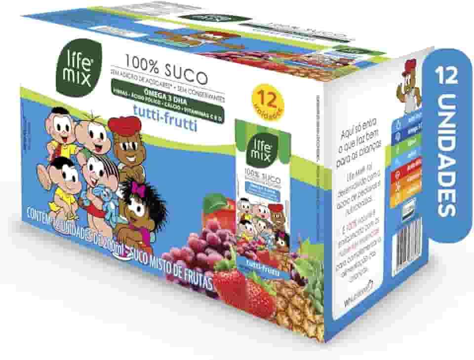 LIFE MIX Turma da Mônica - Suco de Tutti-Frutti em Caixinha - 100% Suco, Sem Adição de Açúcares, Sem Conservantes e Corantes, Ômega 3 DHA, Vitaminas C e D, Cálcio, Fibras - Vegano - Pack 12 x 200ml