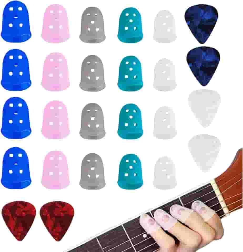 26 palhetas de guitarra com mangas de dedo - multicolorido 0,46/0,71/0,96 mm para palhetas de guitarra acústica e elétrica, palhetas de guitarra média