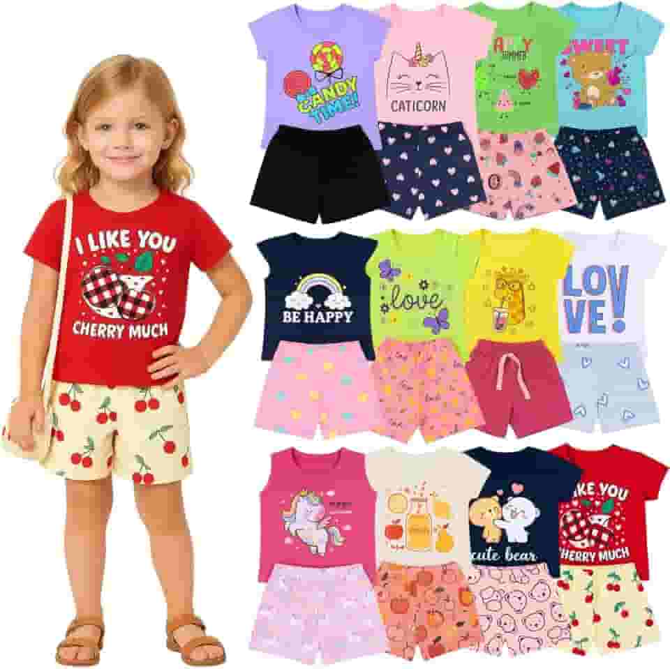 Kit 10 Peças Infantil Menina Verão Conjuntos Blusa e Short em Algodão, Roupas Leves e Confortáveis, Moda Infantil Feminina, Looks Casuais e Coloridos 1 a 8 Anos