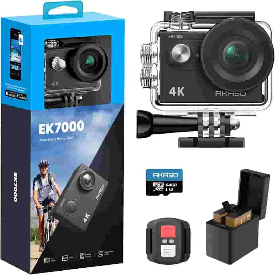 AKASO Câmera de ação EK7000 4K30FPS 20MP à prova d'água de 98 m, câmera subaquática ultra HD, suporte para microfone externo + cartão de memória microSDXC Kingston de 64 GB (pacote)