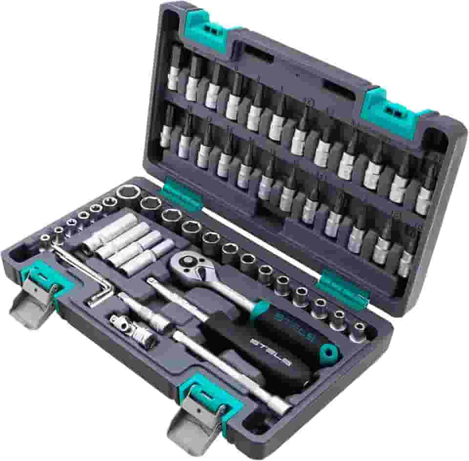 Stels Jogo de Ferramentas 57 Peças 1/4' - Aço Cromo Vanádio - Catraca 72 Dentes + Acessórios - Caixa Plástica Resistente - Ideal para Mecânica e Reparos Domésticos