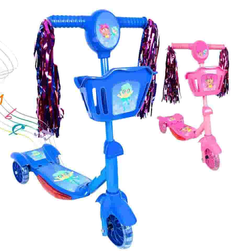 Patinete Infantil 3 Rodas com Luzes Led e Cesta Emite Som Musical Altura Regulável e Freio Traseiro (AZUL)