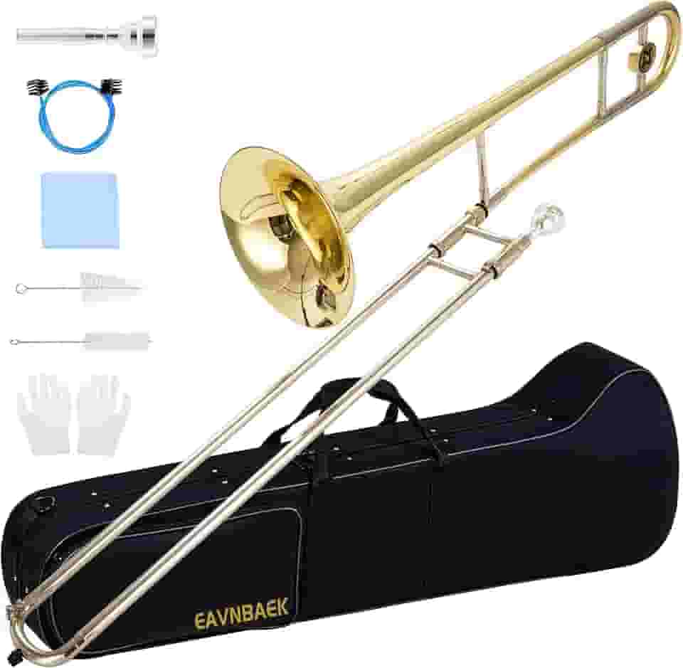Trombone deslizante tenor Bb, instrumento de trombone plano banhado a latão para estudantes iniciantes com estojo rígido luvas brancas e bocal (ouro)