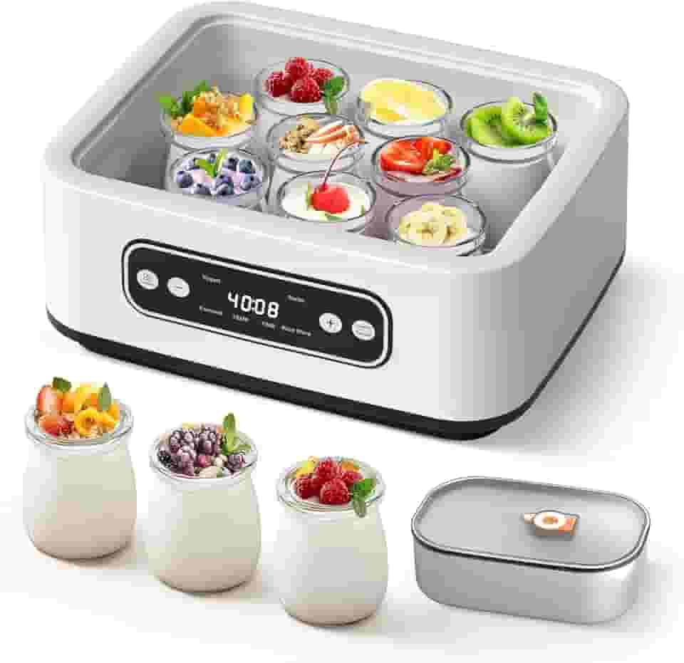 Iogurteira Elétrica com Capacidade de 1,6 Litros e 9 Cpos Portáteis, Bivolt 110-240 VMáquina de Iogurte 4 em 1 com Função PTC e Temporizador
