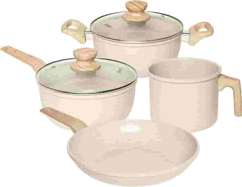 OSTER JOGO DE PANELAS E LEITEIRA MARBLE EDITION CREAM – 4 PEÇAS COM REVESTIMENTO CERÂMICO ANTIADERENTE, ALÇAS EM SILICONE ANTITÉRMICO E BASE COMPATÍVEL COM INDUÇÃO