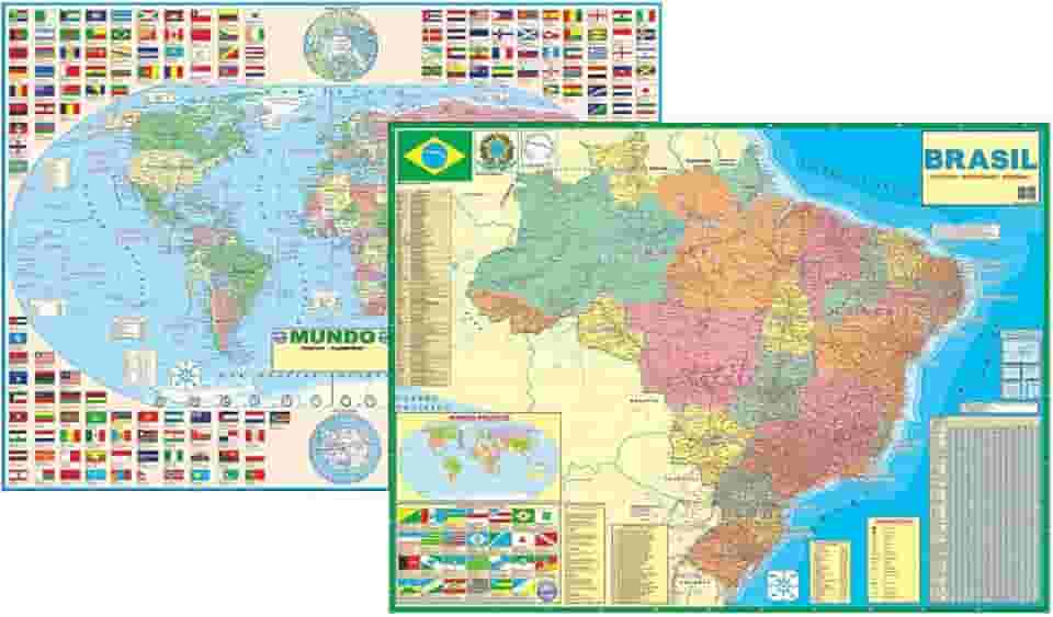 Kit Com 2 Mapas - 1 Brasil + 1 Mundi Político 120 x 90 cm