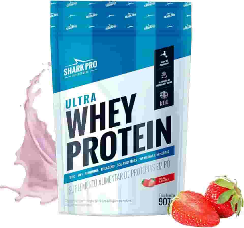 Shark Pro Ultra Whey Protein Sabor Morango - 30g de Proteínas - Suplemento Alimentar de Proteínas em Pó - WPC e WPI - Fórmula com Colágeno e Albumina - 907g Pouch