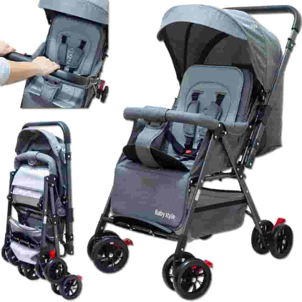 Carrinho de Bebê Reversível Passeio Runner até 15kg com Capota Retratil Reclinável Bandeja Cesto 4 Rodas Travas Cinto 5 Pontos e INMETRO (Cinza)