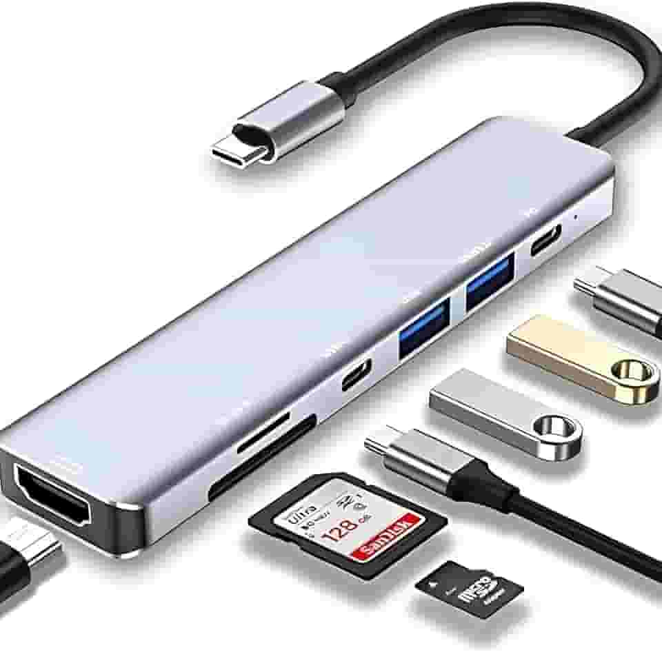 Adaptador Hub 7 em 1 USB-C Premium com Saída HDMI 4K a 60Hz, 7 Portas, USB 3.0, Leitor de Cartão SD, Fonte de Alimentação Tipo C, Carregamento Rápido Multiportas