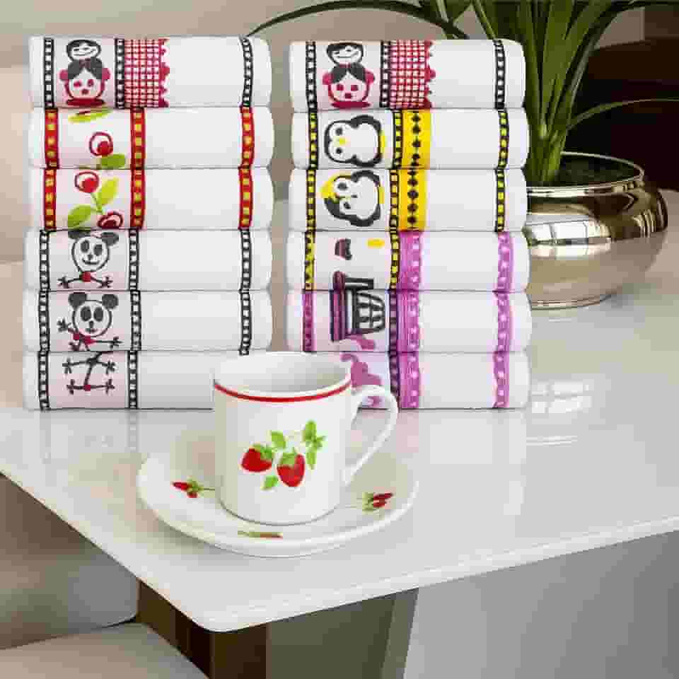 Kit 10 Panos De Prato Atoalhado Bordado Felpudo Pano de Copa Cozinha Guardanapo Louça Gourmet Luxo Estampado em 100% Algodão 49x65cm