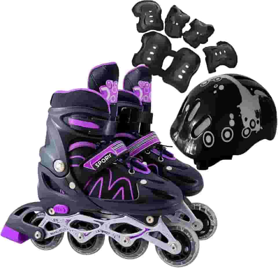 Patins Roller Inline 4 Rodas Skates Ajustavél com Roda Iluminada Jovens e Adultos, Para iniciantes, Uso Interno e Externo + Kit Completo com Capacete e Proteções
