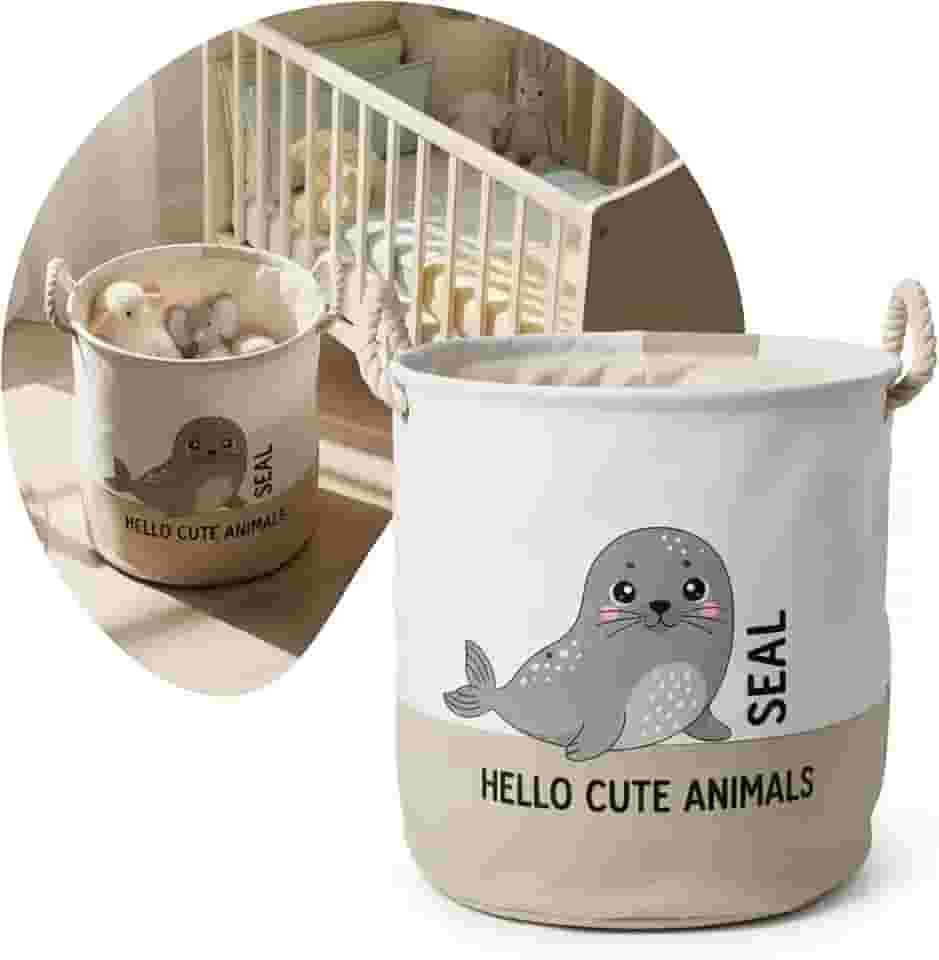 Cesto Organizador Infantil Dobrável 40x35cm Com Alças Ideal Para Quarto de Bebê Brinquedos e Lavanderia Lona Poliéster Resistente e Design Moderno (Foca)