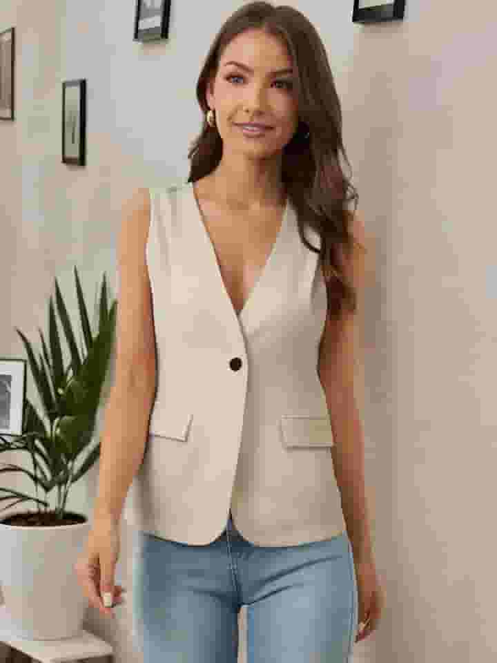 Blazer feminino sem mangas, colete casual de damasco com bolsos para escritório e uso diário