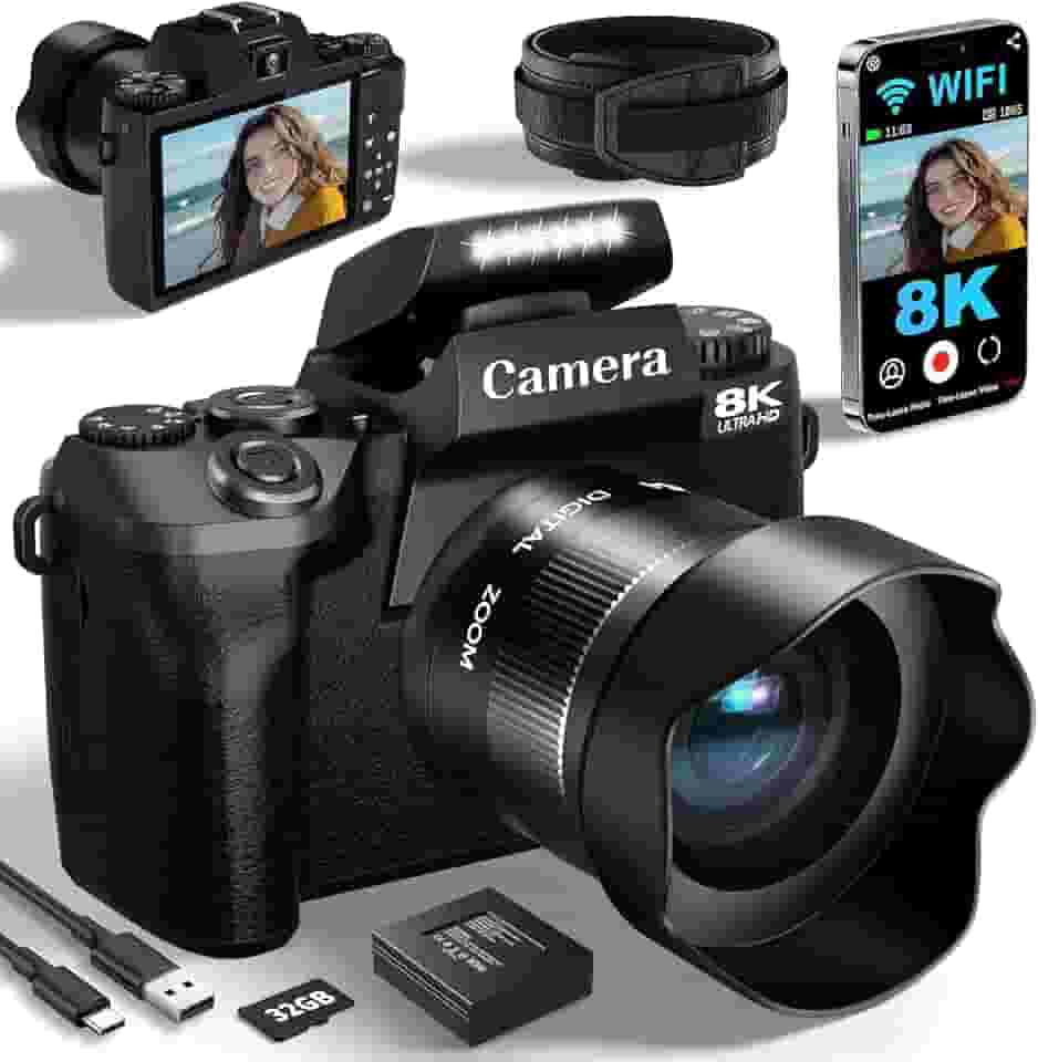 Câmeras digitais 8K para fotografia, câmera profissional com foco automático WiFi de 64 MP com lente dupla, tela sensível ao toque de 4 polegadas, zoom digital de 16x, baterias de 3000 mAh, cartão de