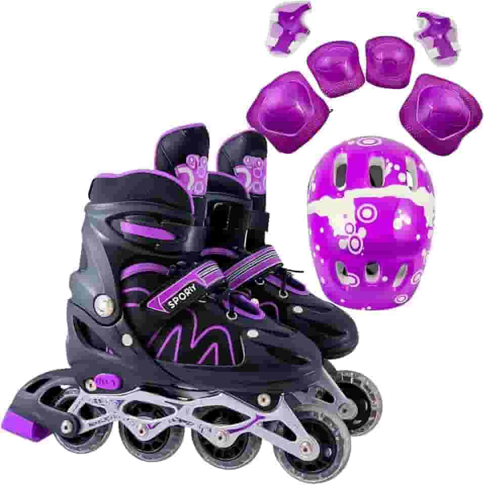 Patins Roller Inline 4 Rodas Skates Ajustavél com Roda Iluminada Jovens e Adultos, Para iniciantes, Uso Interno e Externo + Kit Completo com Capacete e Proteções