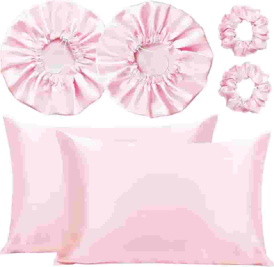 Kit 2 Fronha De Cetim Seda + 2 Toucas + 2 Xuxinhas (Rosa-claro)