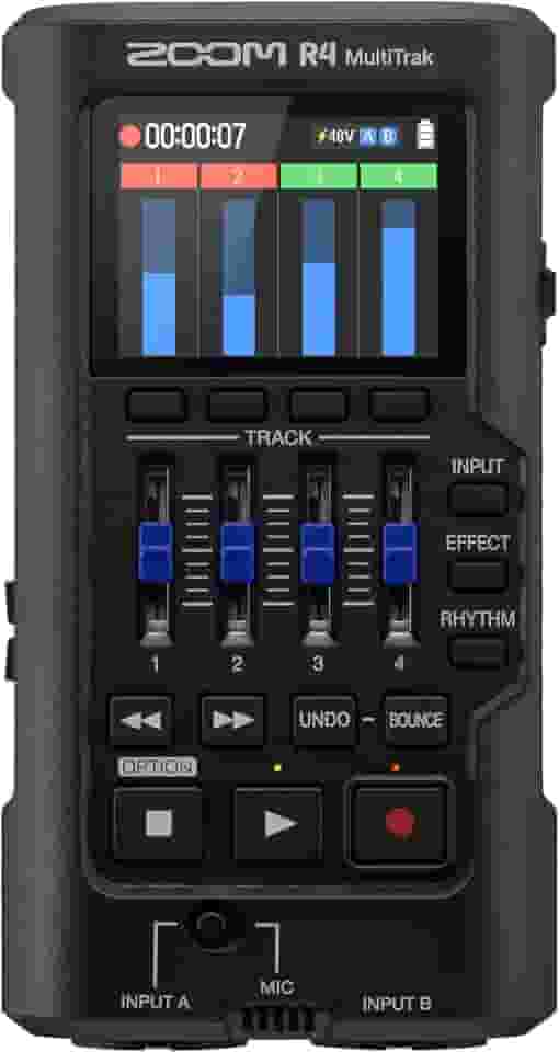 Zoom Gravador flutuante R4 MultiTrak de 32 bits com bounce estéreo, 2 entradas XLR/Comboio, Microfone embutido, efeitos, ritmos, alimentado por bateria, interface de áudio para músicos, compositores e artistas