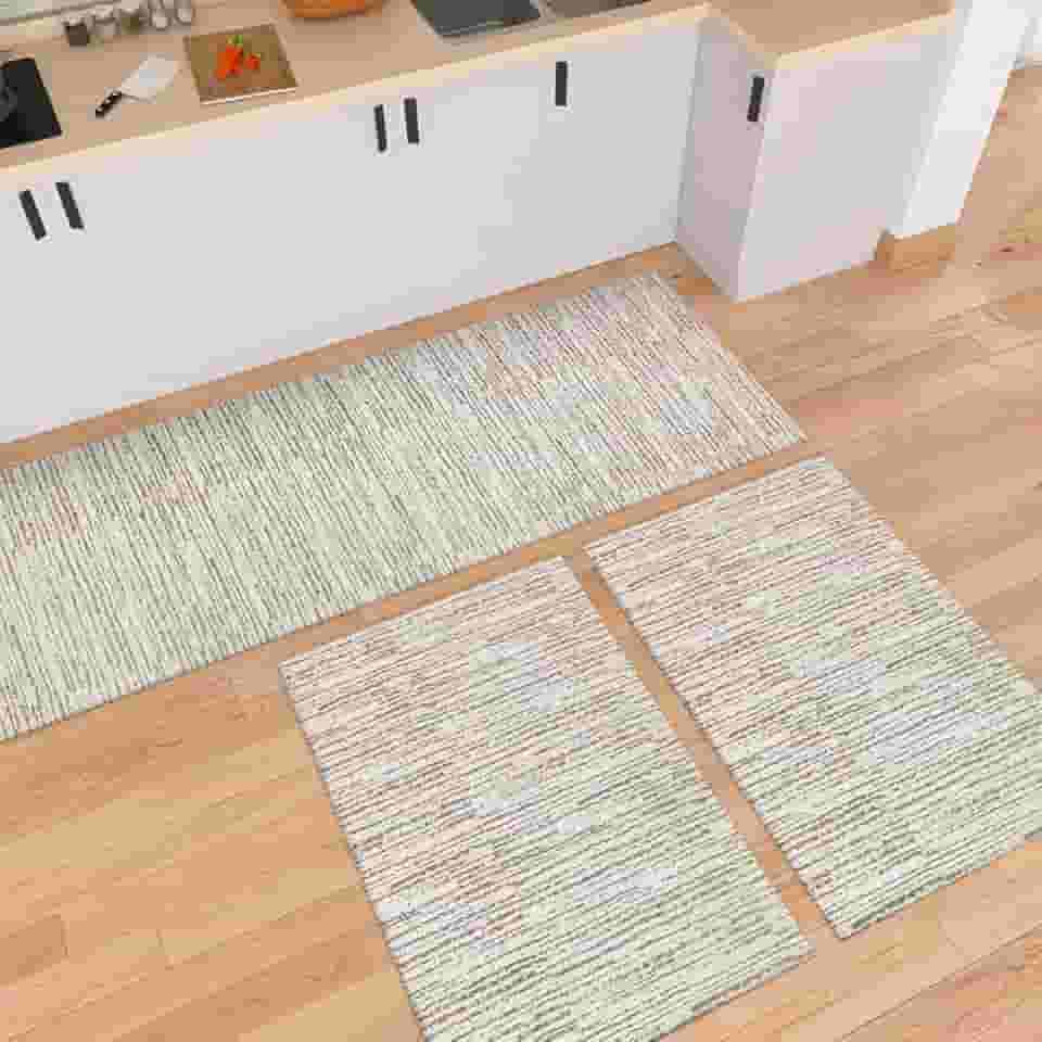 Tapete Kit de Cozinha Antiderrapante 3 Peças Mesclado Geométrico Conjunto Passadeira 1,30m x 45cm Capacho 65cm x 45cm Jogo Artesanal Cru Caramelo Preto (Riscato Caramelo)