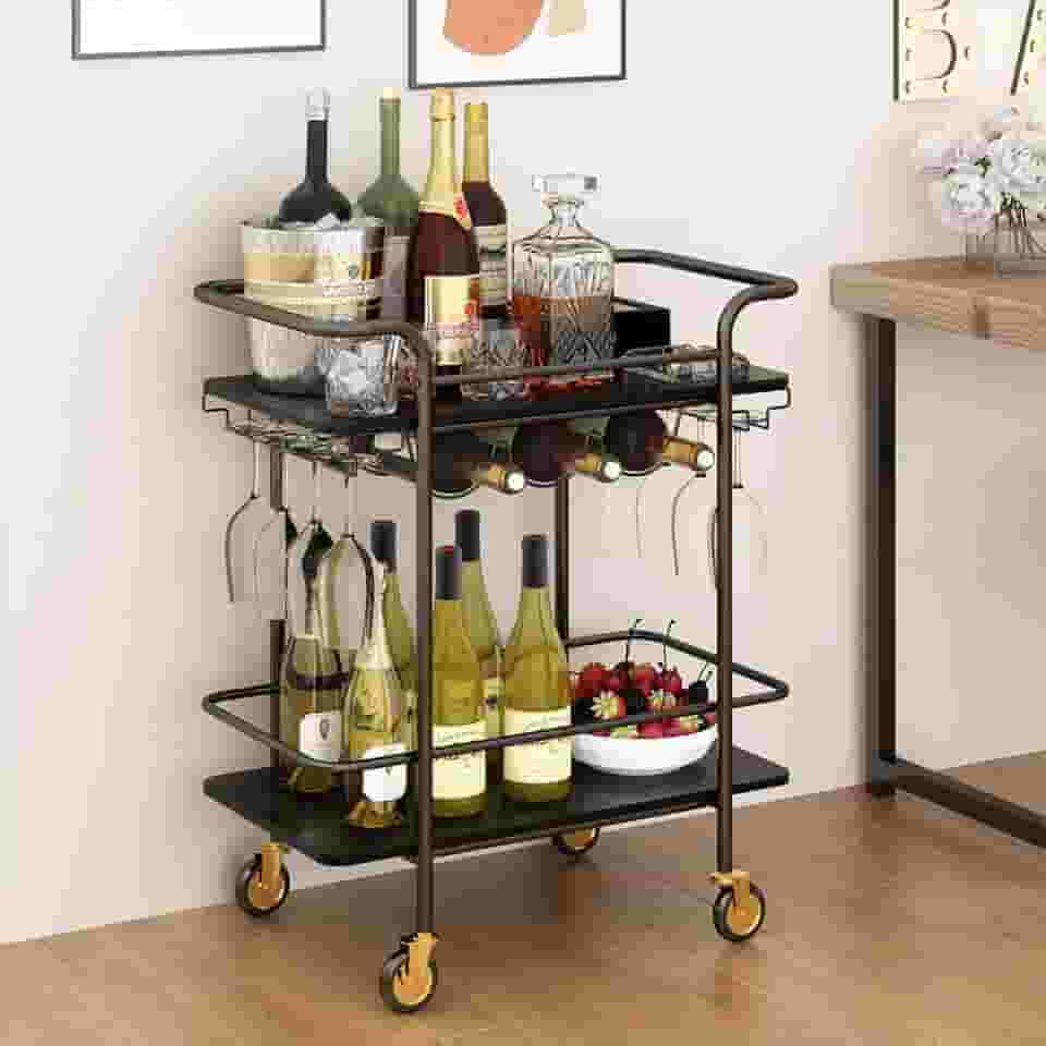 Carrinho de Bar com 2 Níveis, Rack de Vinho e Suporte para Copos, Ideal para Cozinha, Sala de Jantar e Festas,icolor Preto