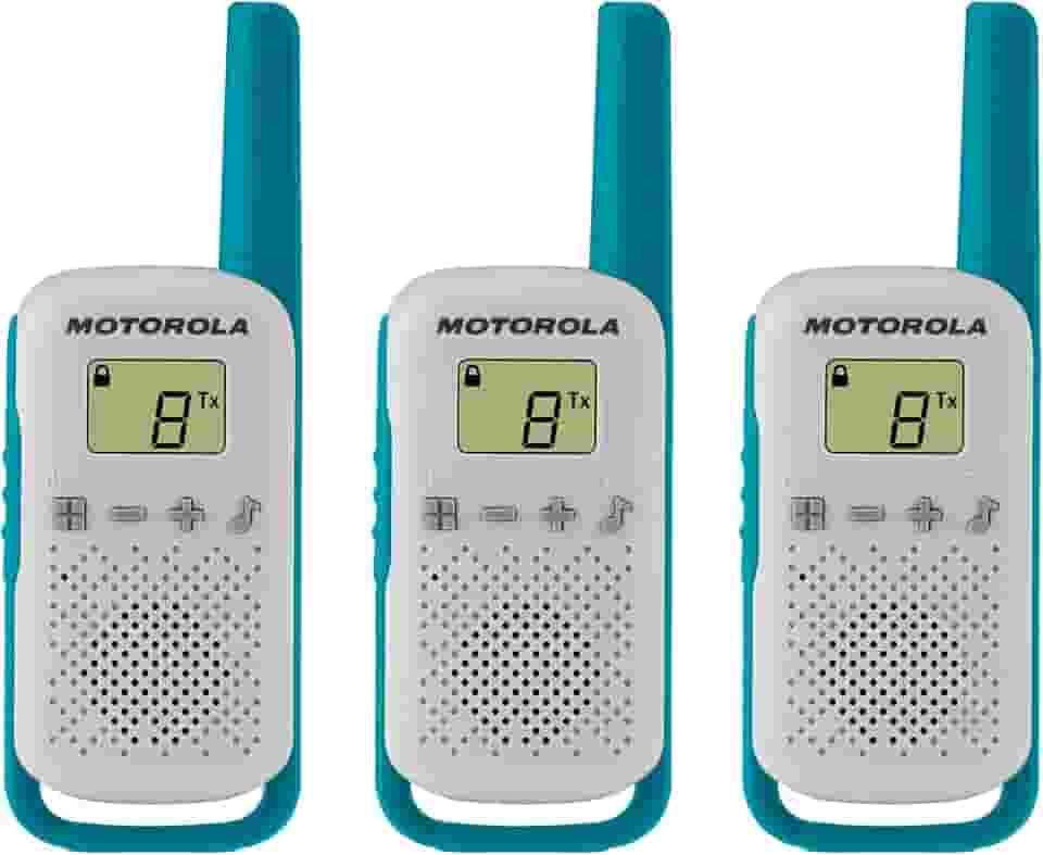 Motorola Solutions, FRS portátil, T114TP, Rádios bidirecionais, operado por bateria, 22 canais, 26 milhas, branco/azul, pacote com 3