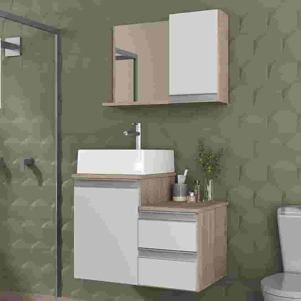 Gabinete Banheiro com Cuba e Espelho Cross 60cm (Madeirado/Branco)