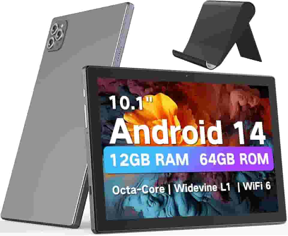 Tablet Android de 10,1 polegadas, tablets Android 14 2025 com CPU Octa-Core, 12 GB de RAM + ROM de 64 GB (expansão de 2 TB), tablet Wi-Fi 6 BT 5.0, bateria de longa duração, tablets com tela