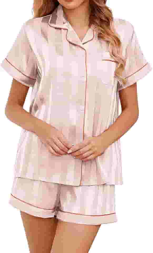 Pijama de cetim de seda para mulheres, conjunto de pijama de seda abotoado, gola notch, conjunto de pijama de cetim - 2 peças de pijama de cetim