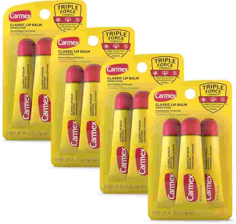 Carmex Tubos De Protetor Labial Medicamentoso Clássico, Hidratante Labial Para Lábios Rachados, 12 Unidades (4 Pacotes De 3)